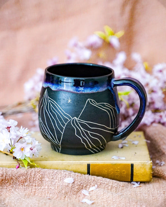 Carved mountain mug/Handmade Ceramic Large Coffee Mug/Unique Large Mug/Birthday Gift/ Coffee Tea Drink Gift/ Desert Mug