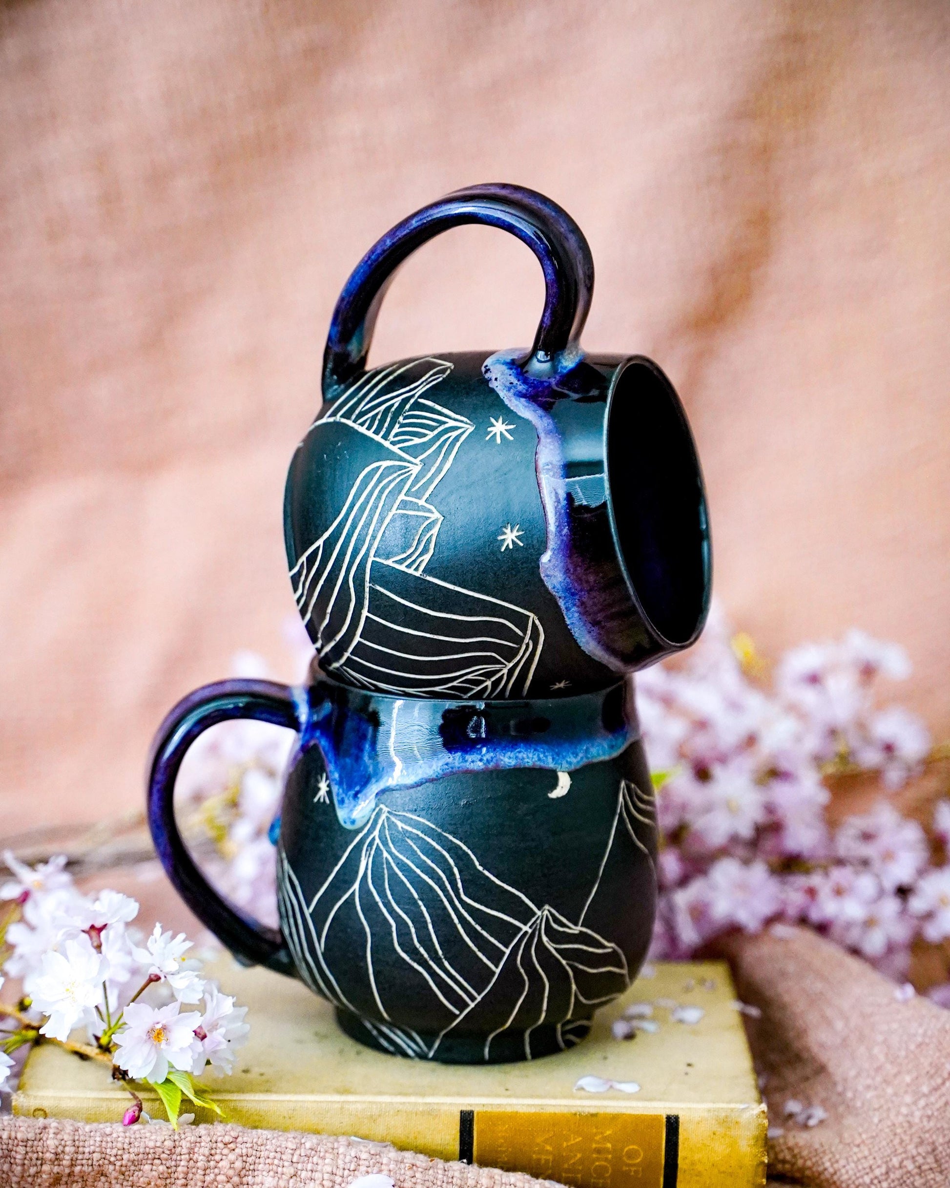 Carved mountain mug/Handmade Ceramic Large Coffee Mug/Unique Large Mug/Birthday Gift/ Coffee Tea Drink Gift/ Desert Mug