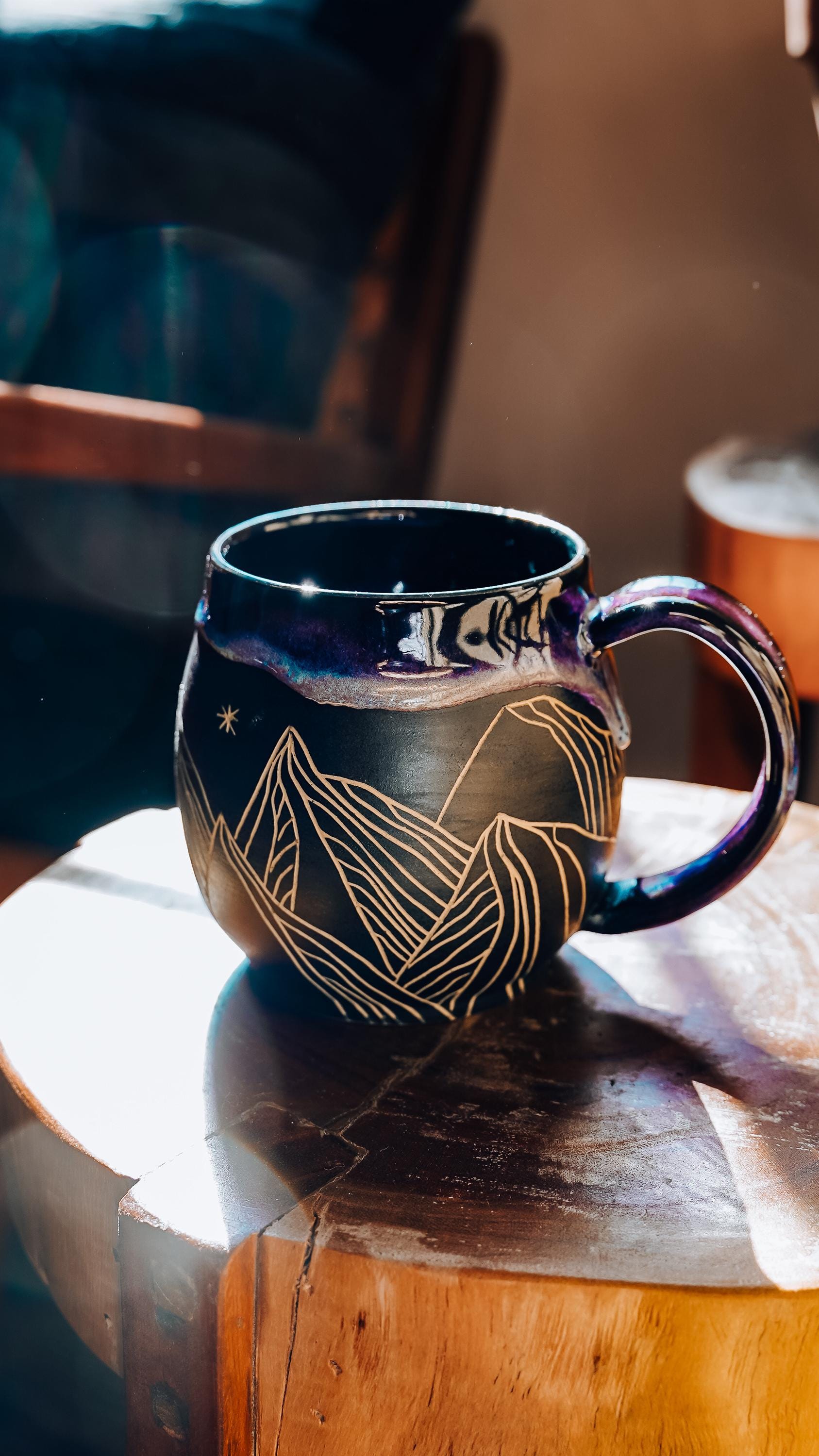 Carved mountain mug/Handmade Ceramic Large Coffee Mug/Unique Large Mug/Birthday Gift/ Coffee Tea Drink Gift/ Desert Mug